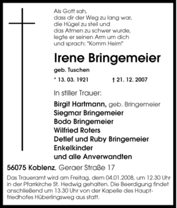 Traueranzeige von Irene Bringemeier von Tageszeitung