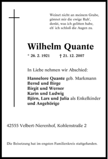 Traueranzeige von Wilhelm Quante von Tageszeitung