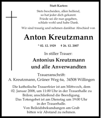 Traueranzeige von Anton Kreutzmann von Tageszeitung