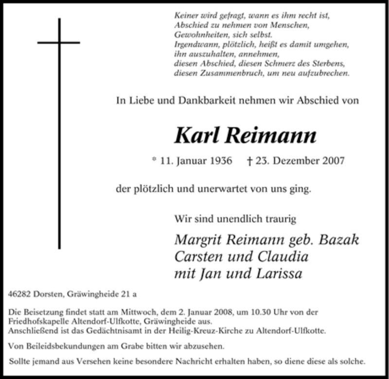 Traueranzeigen von Karl Reimann TrauerinNRW.de