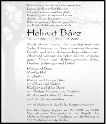 Traueranzeige von Helmut Bärz von Tageszeitung