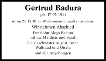 Traueranzeige von Gertrud Badura von Tageszeitung