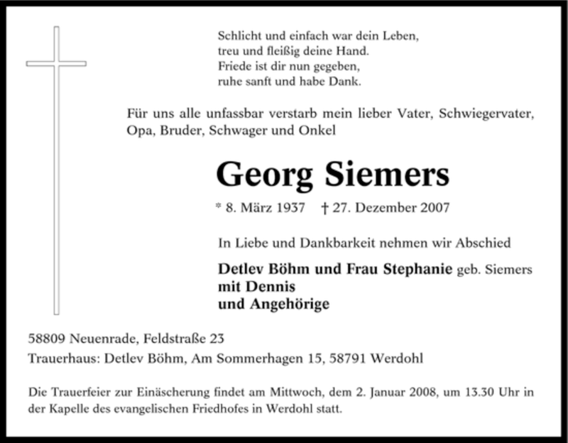  Traueranzeige für Georg Siemers vom 29.12.2007 aus Tageszeitung