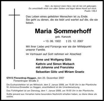Traueranzeige von Maria Sommerhoff von Tageszeitung