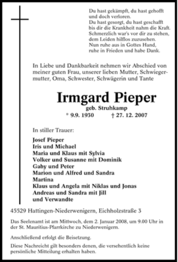 Traueranzeige von Irmgard Pieper von Tageszeitung