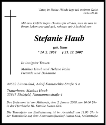 Traueranzeige von Stefanie Haub von Tageszeitung