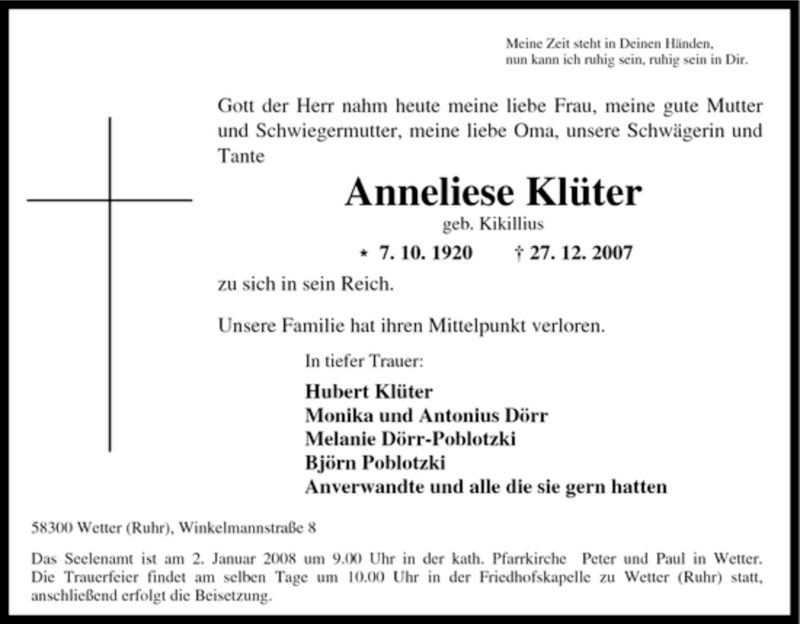 Traueranzeige für Anneliese Klüter vom 29.12.2007 aus Tageszeitung