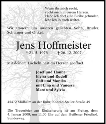 Traueranzeige von Jens Hoffmeister von Tageszeitung