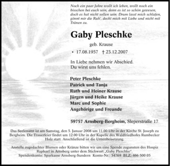 Traueranzeige von Gaby Pleschke von Tageszeitung