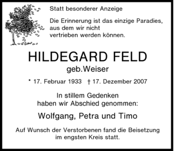 Traueranzeige von Hildegard Feld von Tageszeitung