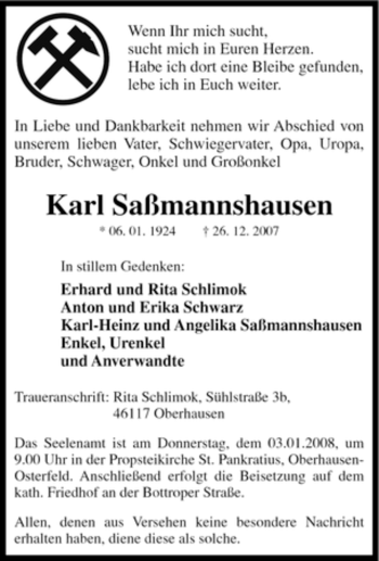 Traueranzeige von Karl Saßmannshausen von Tageszeitung