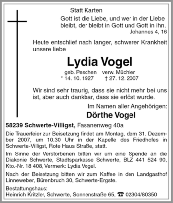 Traueranzeige von Lydia Vogel von Tageszeitung