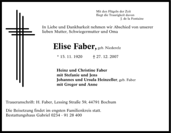 Traueranzeige von Elise Faber von Tageszeitung