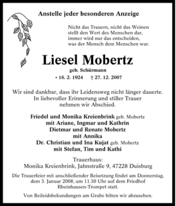 Traueranzeige von Liesel Mobertz von Tageszeitung