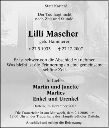 Traueranzeige von Lilli Mascher von Tageszeitung