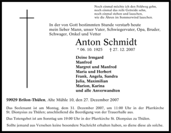 Traueranzeige von Anton Schmidt von Tageszeitung