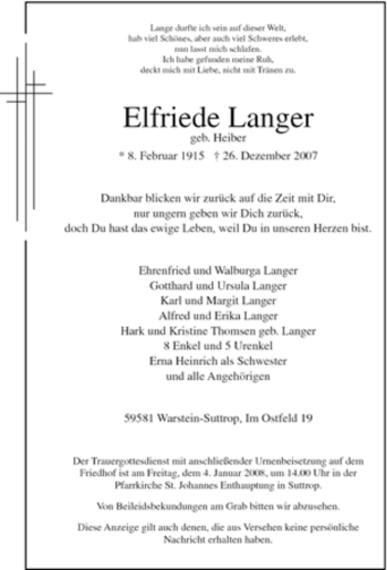 Traueranzeige von Elfriede Langer von Tageszeitung