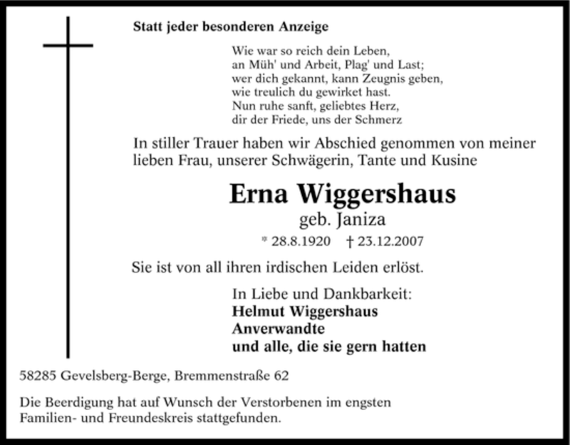  Traueranzeige für Erna Wiggershaus vom 31.12.2007 aus Tageszeitung
