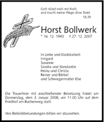 Traueranzeige von Horst Bollwerk von Tageszeitung