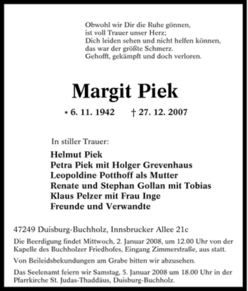 Traueranzeige von Margit Piek von Tageszeitung