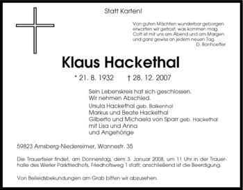 Traueranzeige von Klaus Hackethal von Tageszeitung