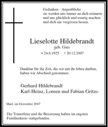 Traueranzeige von Lieselotte Hildebrandt von Tageszeitung