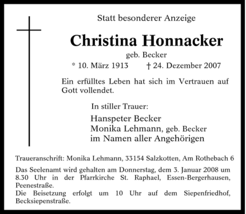  Traueranzeige für Christine Honnacker vom 31.12.2007 aus Tageszeitung