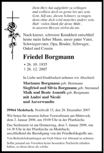 Traueranzeige von Friedel Borgmann von Tageszeitung