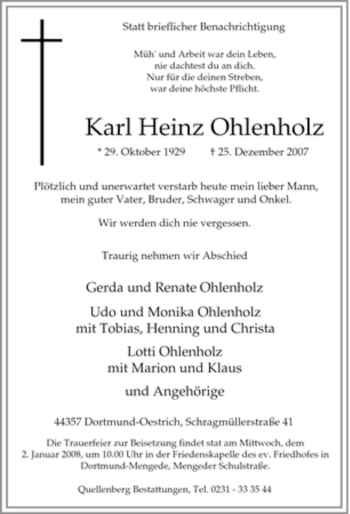 Traueranzeige von Karl Heinz Ohlenholz von Tageszeitung