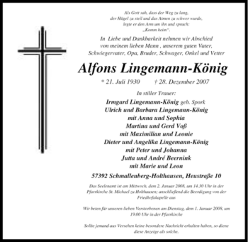 Traueranzeige von Alfons Lingemann-König von Tageszeitung
