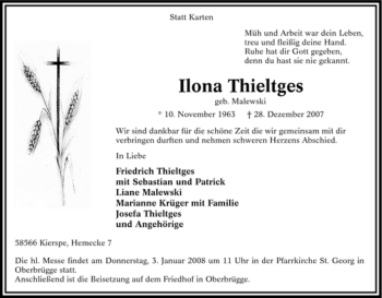 Traueranzeige von Ilona Thieltges von Tageszeitung