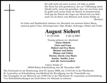 Traueranzeige von August Siebert von Tageszeitung