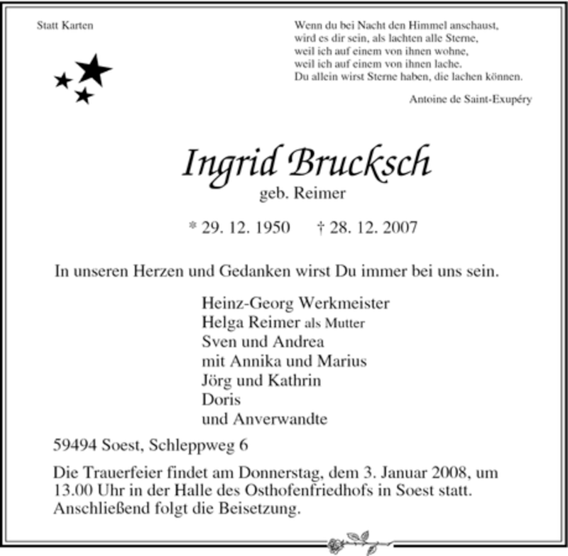  Traueranzeige für Ingrid Brucksch vom 31.12.2007 aus Tageszeitung