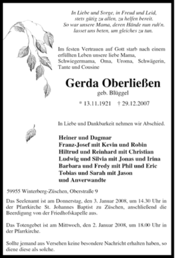 Traueranzeige von Gerda Oberließen von Tageszeitung