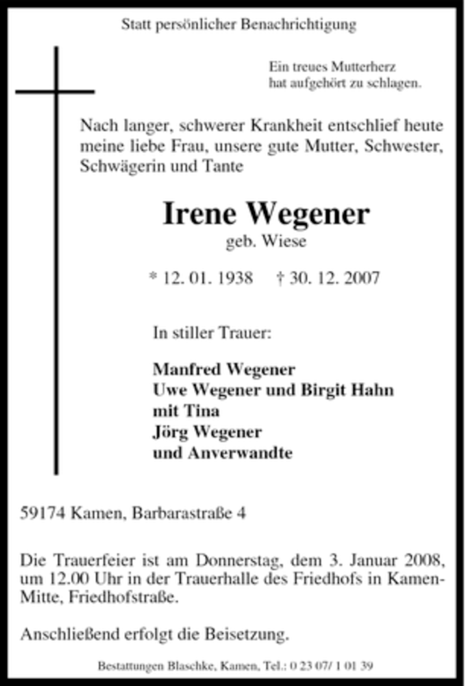 Traueranzeigen von Irene Wegener | Trauer-in-NRW.de