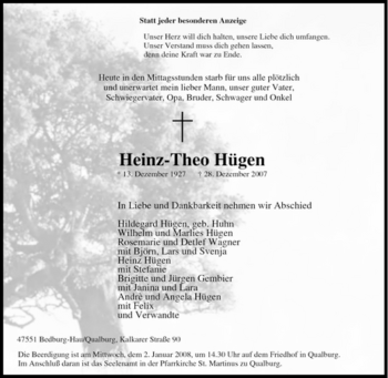 Traueranzeige von Heinz-Theo Hügen von Tageszeitung