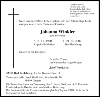 Traueranzeige von Johanna Winkler von Tageszeitung