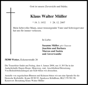 Traueranzeige von Klaus Walter Müller von Tageszeitung