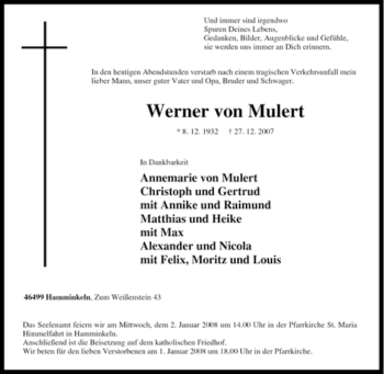 Traueranzeige von Werner von Mulert von Tageszeitung