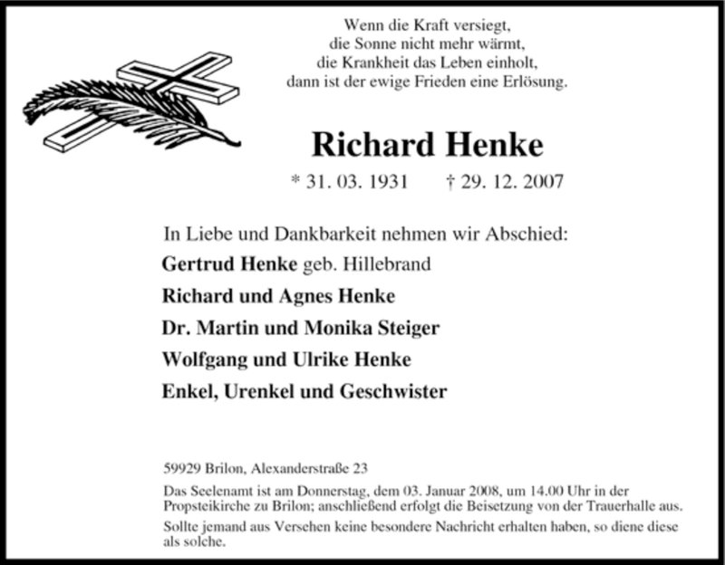  Traueranzeige für Richard Henke vom 31.12.2007 aus Tageszeitung