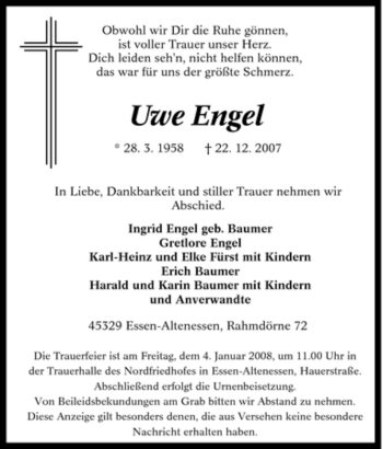 Traueranzeige von Uwe Engel von Tageszeitung