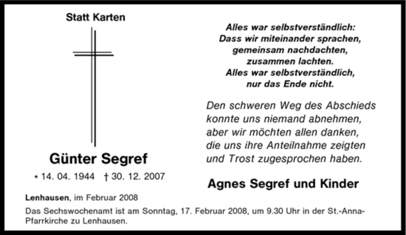  Traueranzeige für Günter Segref vom 31.12.2007 aus Tageszeitung