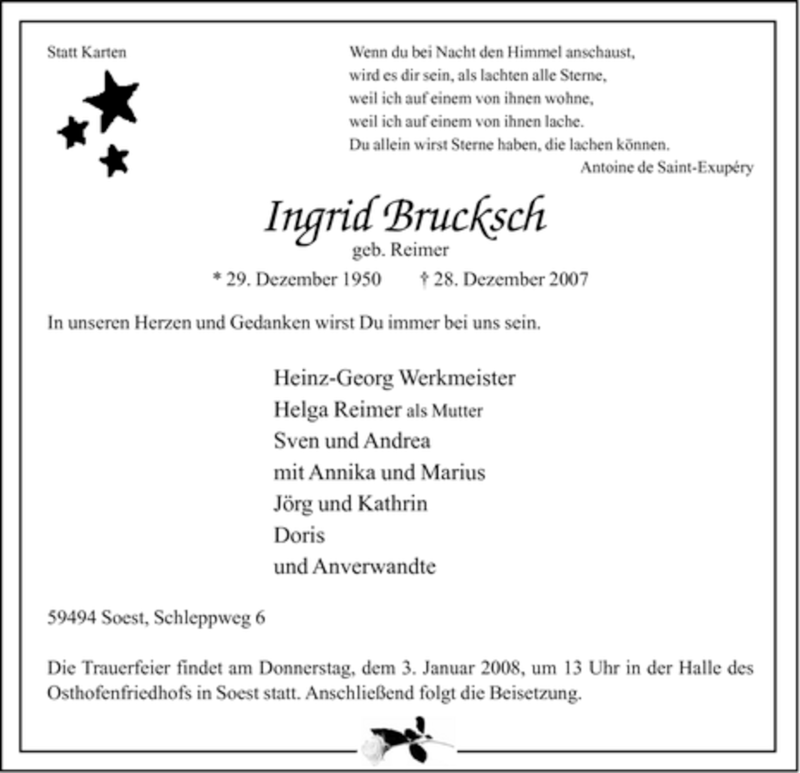  Traueranzeige für Ingrid Brucksch vom 31.12.2007 aus Tageszeitung