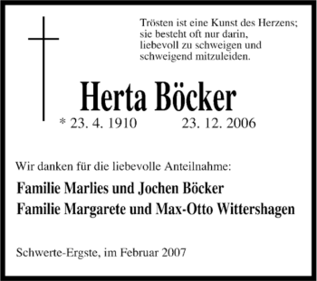 Traueranzeige von Herta Böcker von Tageszeitung