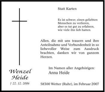 Traueranzeige von Wenzel Heide von Tageszeitung