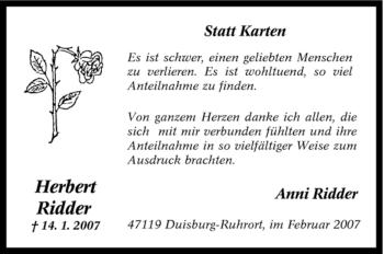 Traueranzeige von Herbert Ridder von Tageszeitung