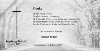 Traueranzeige von Ingeborg Teitzel von Tageszeitung