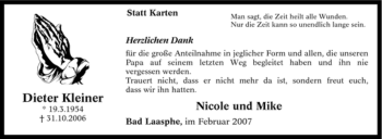 Traueranzeige von Dieter Kleiner von Tageszeitung