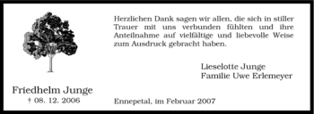 Traueranzeige von Friedhelm Junge von Tageszeitung