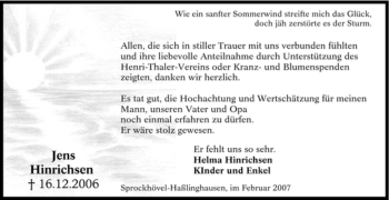 Traueranzeige von Jens Hinrichsen von Tageszeitung
